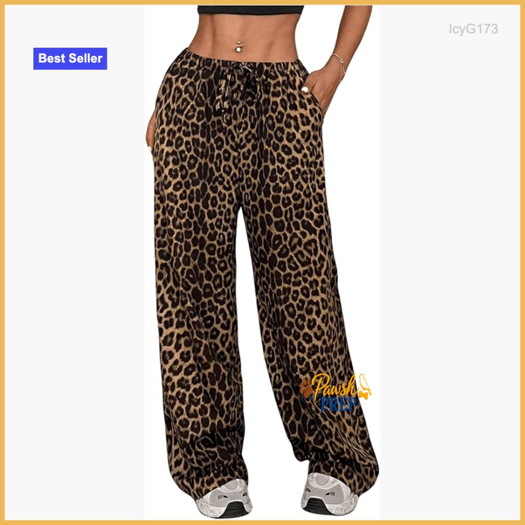 Drawstring Waist Wide Leg Trousers Leopard Print Casual Pants